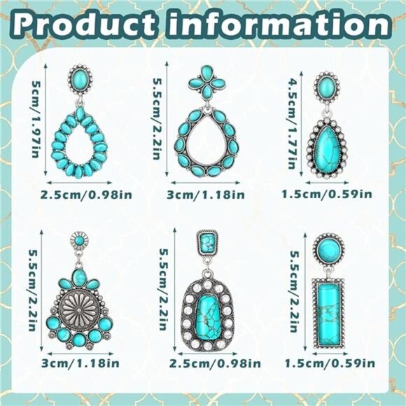 6 Pairs Turquoise Oval Earrings Faux Turquoise Boho Western Dangle Vintage - Picture 2 of 4